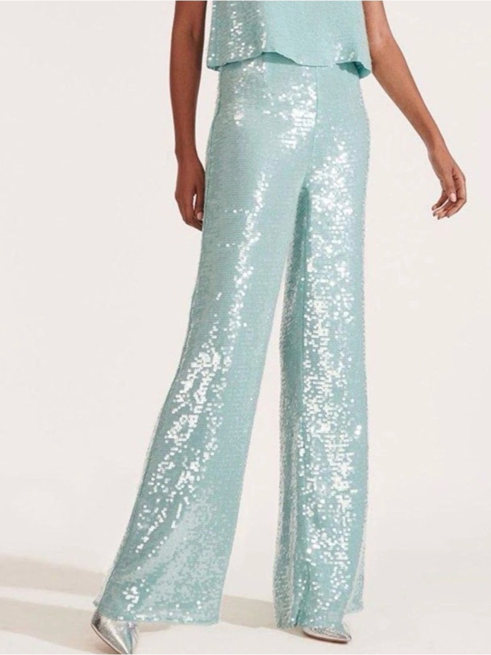 Veronica Beard High Rise Sequin Wide-Leg Pants in Light Aqua